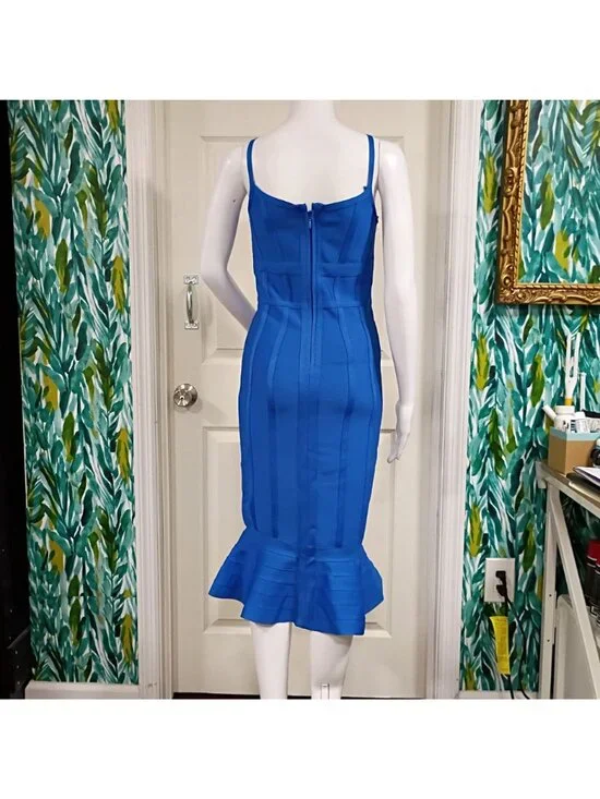 Maketina Mermaid Dress Women's M Blue Spaghetti Strap V-Neck Midi Cocktail Banda - Picture 3 of 9